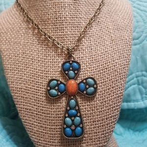 Antique Gold with Orange & Torqoise Cross necklace